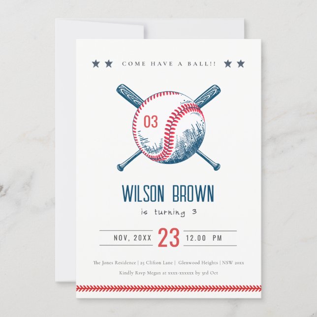 Cute Navy Red Baseball Bat Star Kids Birthday Invitation (Front)