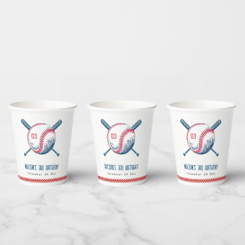 Cute Navy Red Baseball Bat Star Kids Birthday Paper Cups