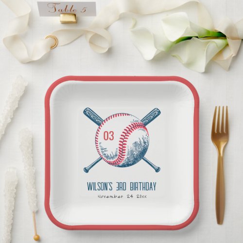 Cute Navy Red Baseball Bat Star Kids Birthday Paper Plates