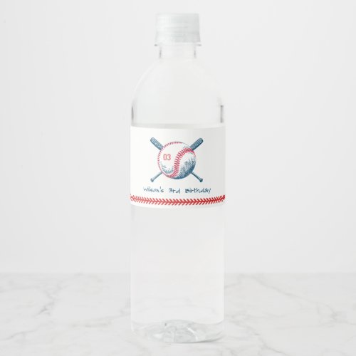 Cute Navy Red Baseball Bat Star Kids Birthday Water Bottle Label