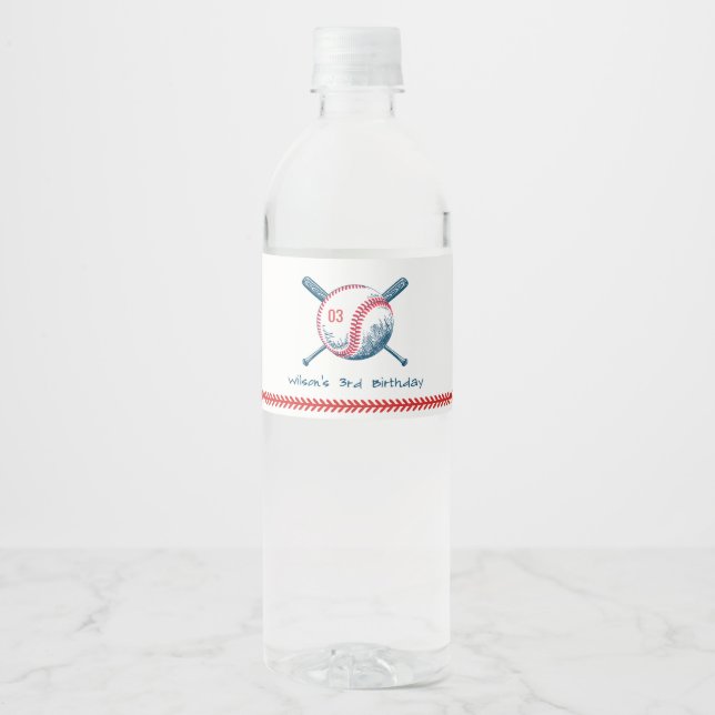 Cute Navy Red Baseball Bat Star Kids Birthday Water Bottle Label (Front)