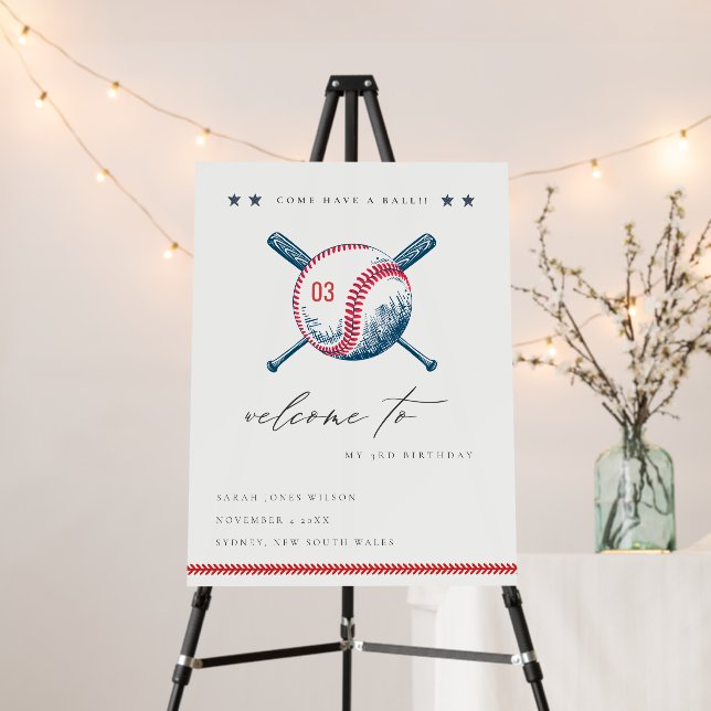 Cute Navy Red Baseball Kids Birthday Welcome Foam Board (In Situ (Stand))