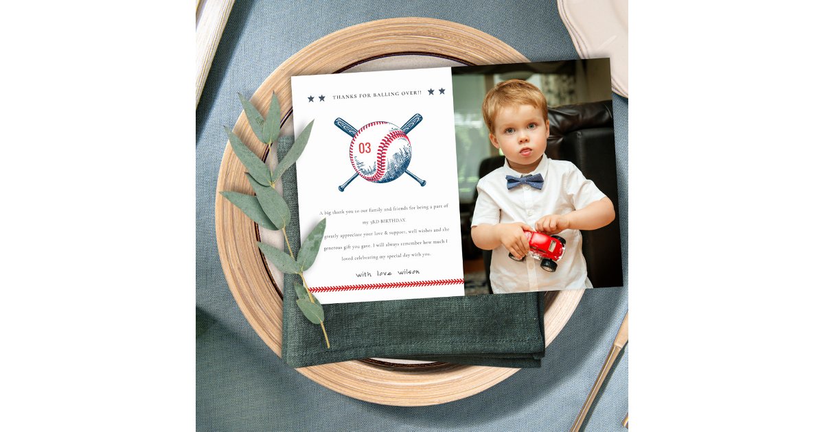 Cute Navy Red Baseball Kids Photo Birthday Thank You Card | Zazzle