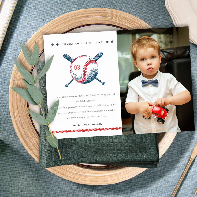 Cute Navy Red Baseball Kids Photo Birthday Thank You Card | Zazzle