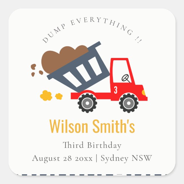 Cute Navy Red Dump Truck Kids Any Age Birthday Square Sticker (Front)