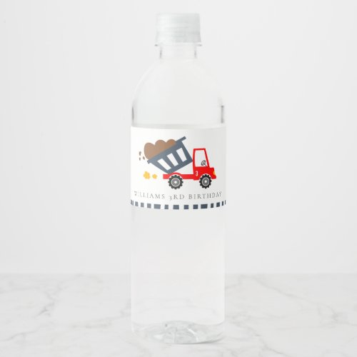 Cute Navy Red Dump Truck Kids Any Age Birthday Water Bottle Label