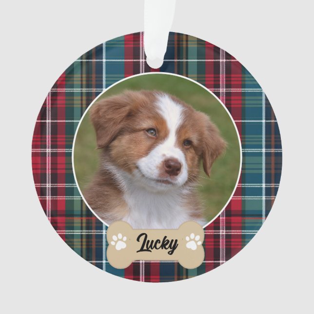 Cute Navy Red Green Tartan Plaid Custom Dog Photo Ornament (Front)
