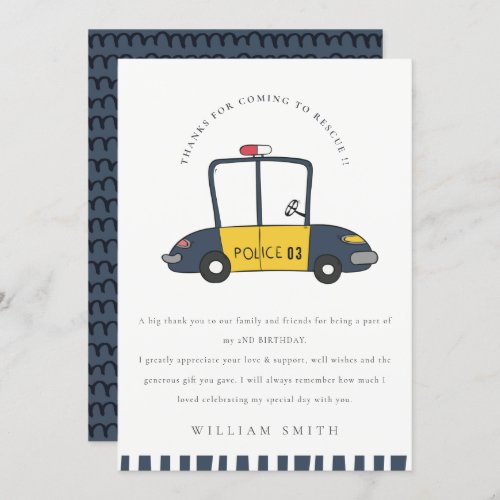Cute Navy Rescue Police Car Kids Any Age Birthday Thank You Card