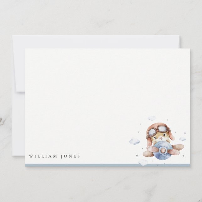 Cute Navy Rust Plane Teddy Sky Stars Kids Birthday Note Card (Front)