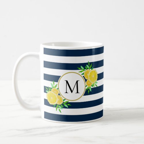 Cute Navy Stripes Yellow Watercolor Lemon Monogram Coffee Mug