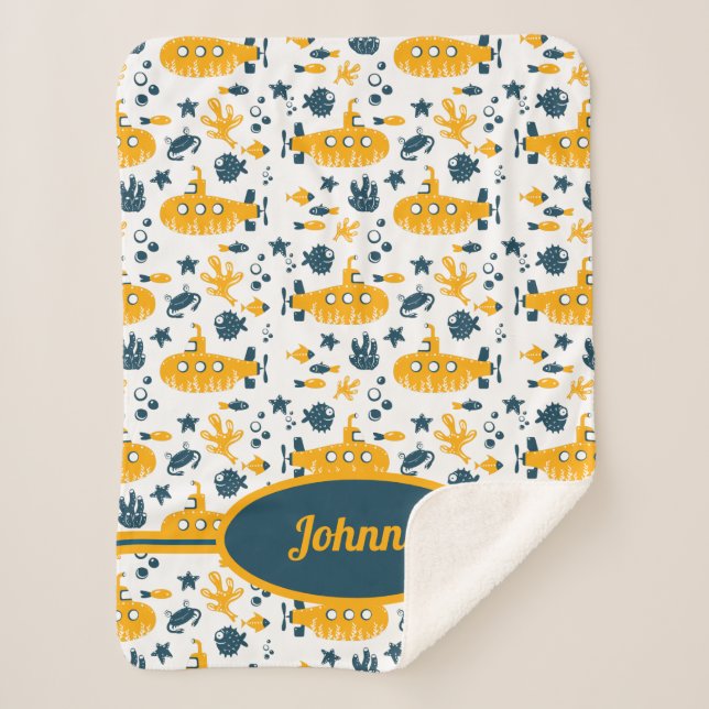 Cute Navy Submarine Underwater Ocean Kids Monogram Sherpa Blanket (Front)