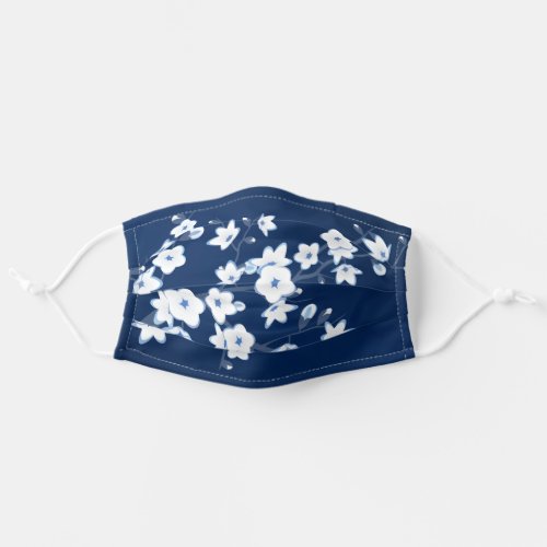 Cute Navy White Cherry Blossoms Adult Cloth Face Mask