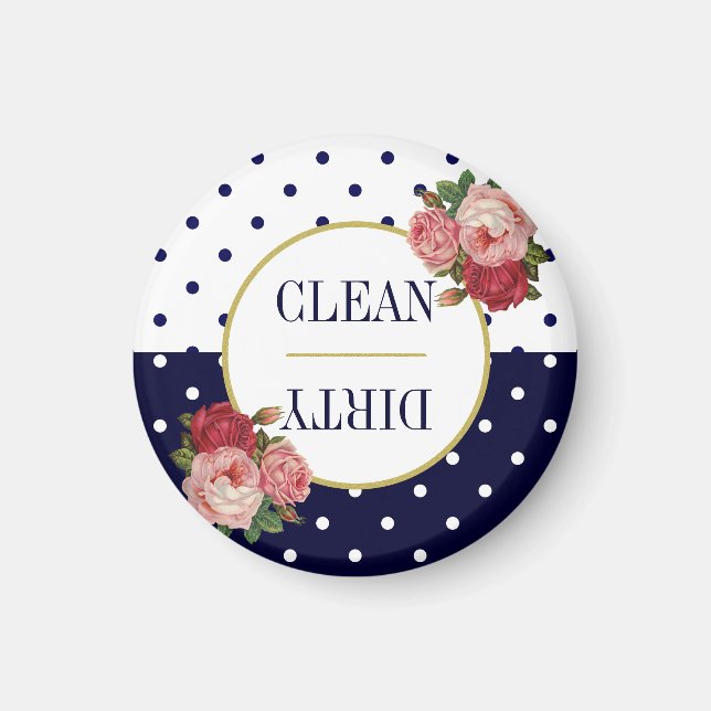 Cute Navy White Dots Floral Clean Dirty Dishwasher Magnet (Front)