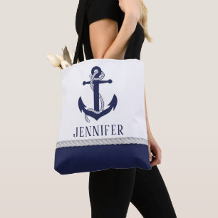 Cute Navy White Nautical Rope Anchor Monogram Tote Bag