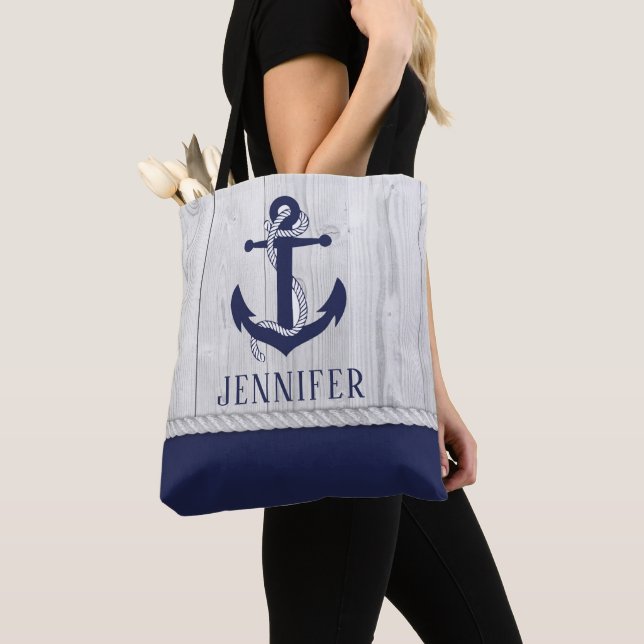 Cute Navy White Nautical Wood Anchor Monogram Tote Bag (Close Up)