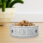 Cute Navy & White Starfish Beach Dog Bowl<br><div class="desc">Cute coastal style dog bowl for your beach house or island abode features the words "beach dog" in smoky harbor blue farmhouse style lettering on a white background accented with narrow navy stripes and a pair of starfish.</div>