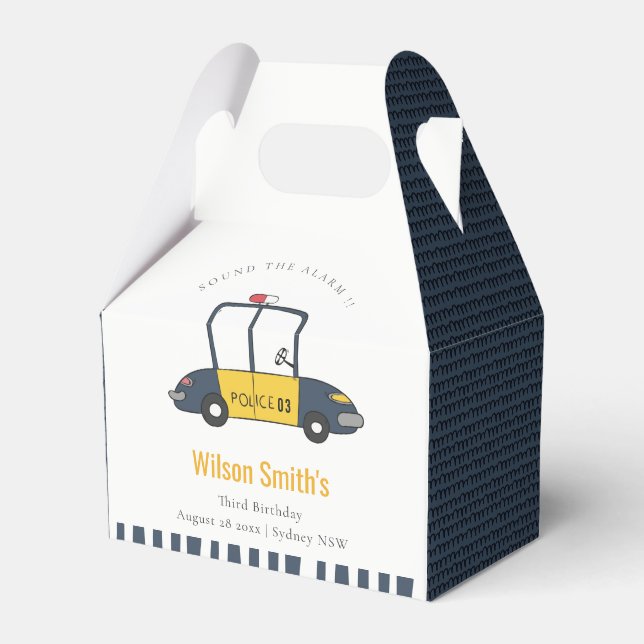 Cute Navy Yellow Police Car Kids Any Age Birthday Favor Boxes (Front Side)