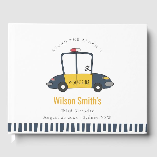 Cute Navy Yellow Police Car Kids Any Age Birthday Guest Book (Front)