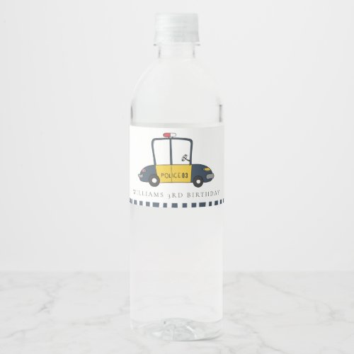 Cute Navy Yellow Police Car Kids Any Age Birthday Water Bottle Label