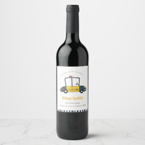 Cute Navy Yellow Police Car Kids Any Age Birthday Wine Label