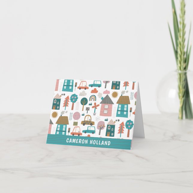 Cute Neighborhood and Cars Personalized Stationery Note Card (Front)