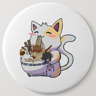 Cute Neko Cat With Ramen Noodles Bowl Anime Japan Button