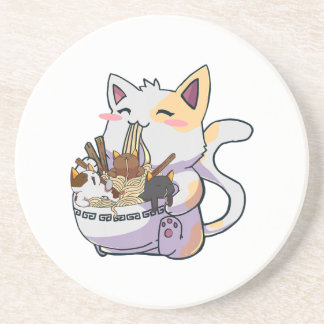 Cute Neko Cat With Ramen Noodles Bowl Anime Japan Coaster