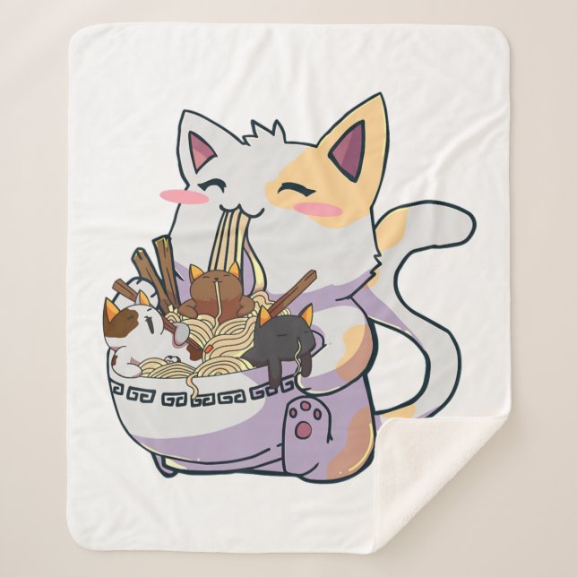 Cute Neko Cat With Ramen Noodles Bowl Anime Japan  Sherpa Blanket (Front)