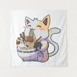 Cute Neko Cat With Ramen Noodles Bowl Anime Japan Tapestry