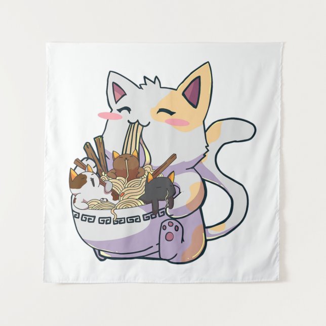 Cute Neko Cat With Ramen Noodles Bowl Anime Japan  Tapestry (Front)