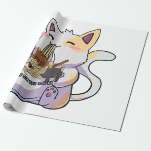 Cute Neko Cat With Ramen Noodles Bowl Anime Japan  Wrapping Paper