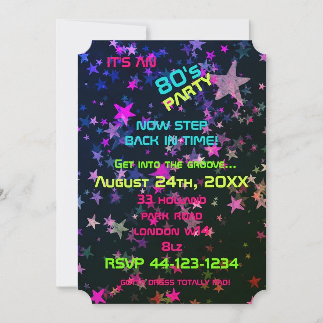 Cute Neon 80's Theme Party Invites (Front)
