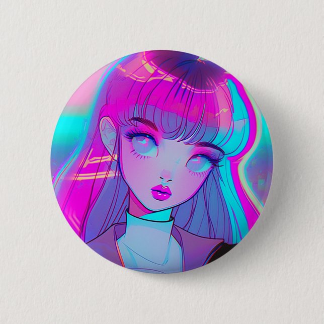Cute Neon Anime Girl Button (Front)