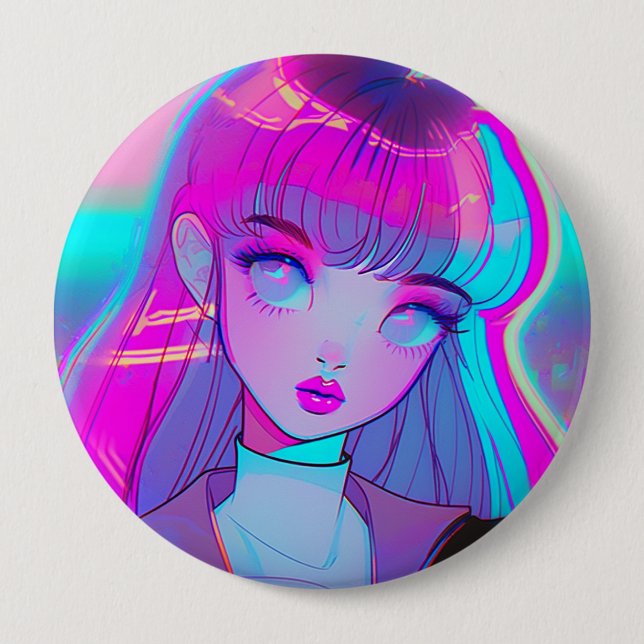 Cute Neon Anime Girl Button (Front)