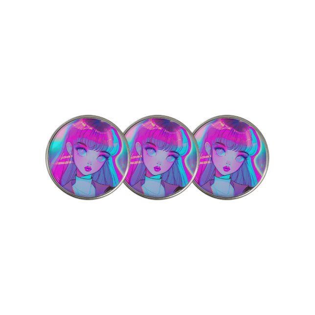 Cute Neon Anime Girl Golf Ball Marker (3 Up)