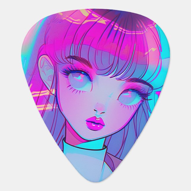 Cute Neon Anime Girl Guitar Pick (Front)