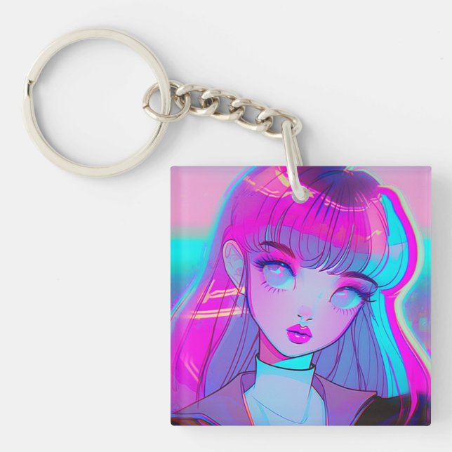 Cute Neon Anime Girl Keychain (Front)