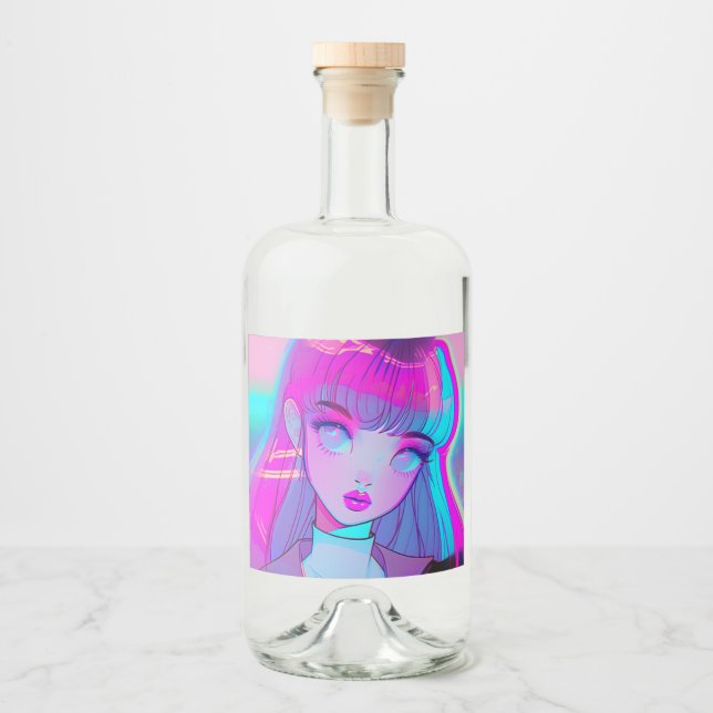 Cute Neon Anime Girl Liquor Bottle Label (Front)