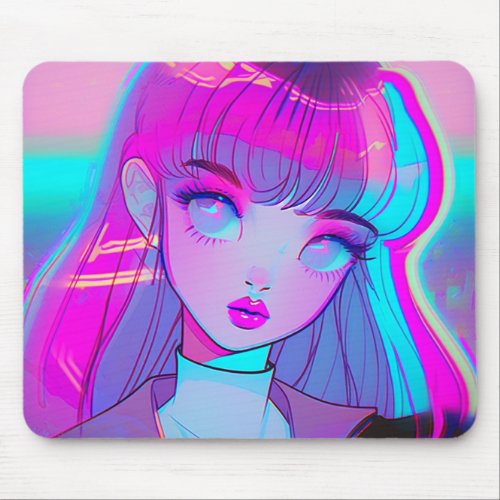 Cute Neon Anime Girl Mouse Pad