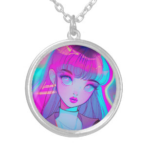 Cute Neon Anime Girl Silver Plated Necklace