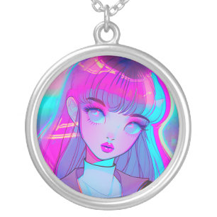 Cute Neon Anime Girl Silver Plated Necklace