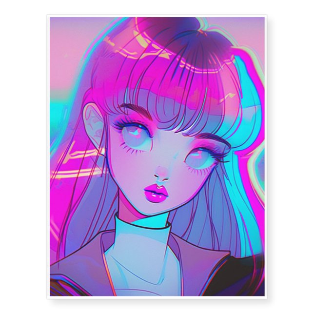 Cute Neon Anime Girl Temporary Tattoos (Front)