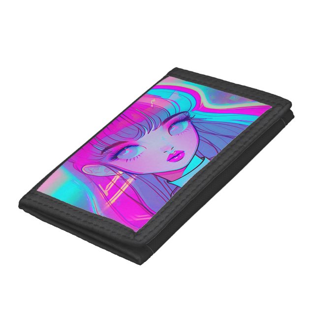 Cute Neon Anime Girl Trifold Wallet (Bottom)