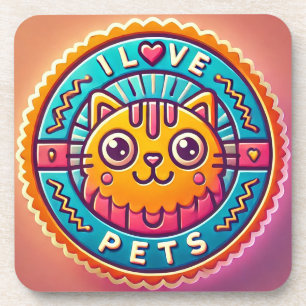 Cute Neon Cat Badge Beverage Coaster