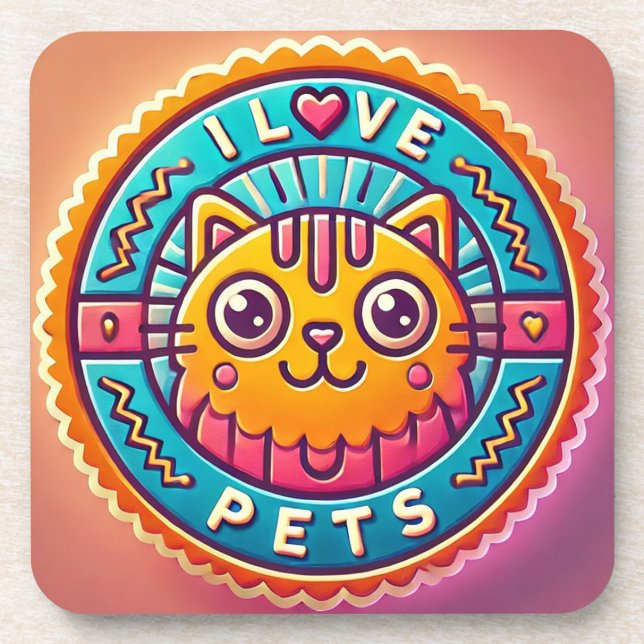 Cute Neon Cat Badge Beverage Coaster (Front)