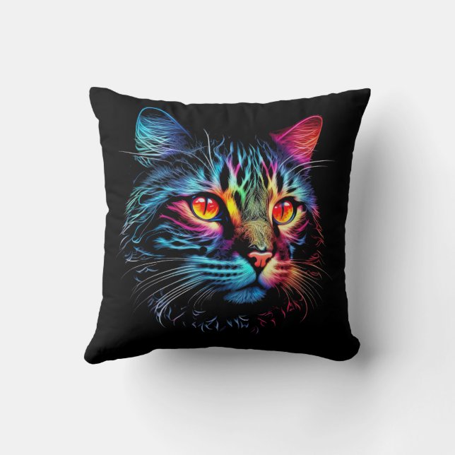 Cute Neon Cat Throw Pillow (Back)