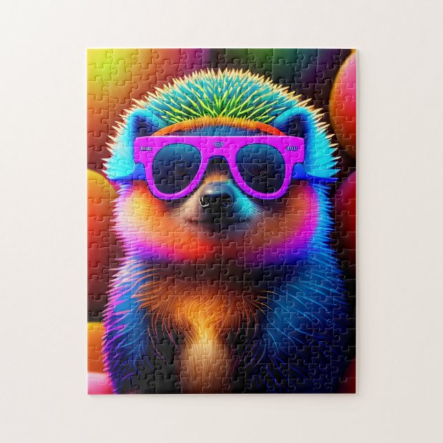cute neon glasses hedgehog animal sunglasses funny jigsaw puzzle (Vertical)