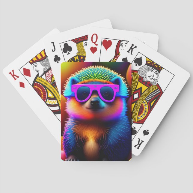 cute neon glasses hedgehog animal sunglasses funny poker cards (Back)