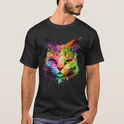 Cute Neon Graffiti Ink Splash Cat T_Shirt