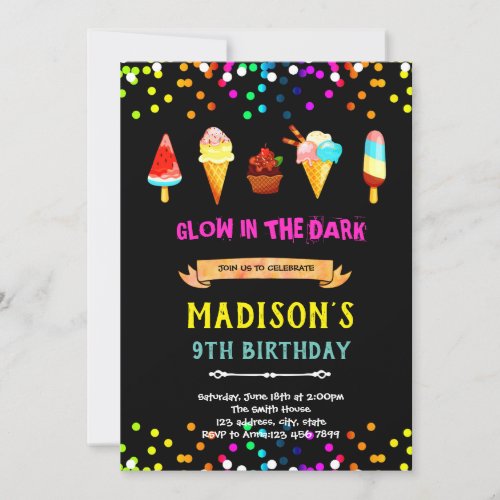 Cute neon ice cream birthday invitation